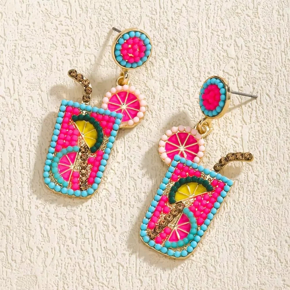 Colourful Summer Drink  Cocktail Earrings Pink Turquoise Blue Gold Tone Lemonade - Picture 5 of 7